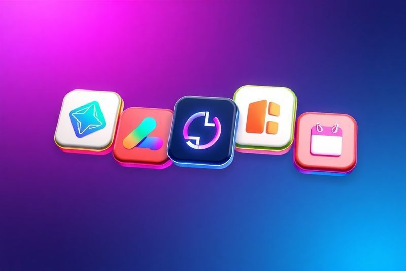 Cinco íconos futuristas de aplicaciones de IA flotando en un espacio 3D limpio