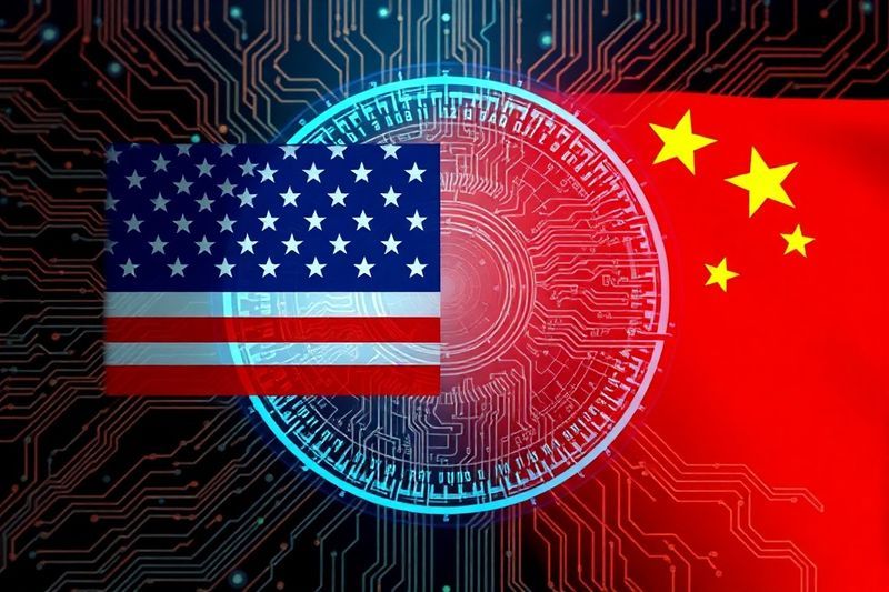 具有电路板背景的中美科技竞赛可视化