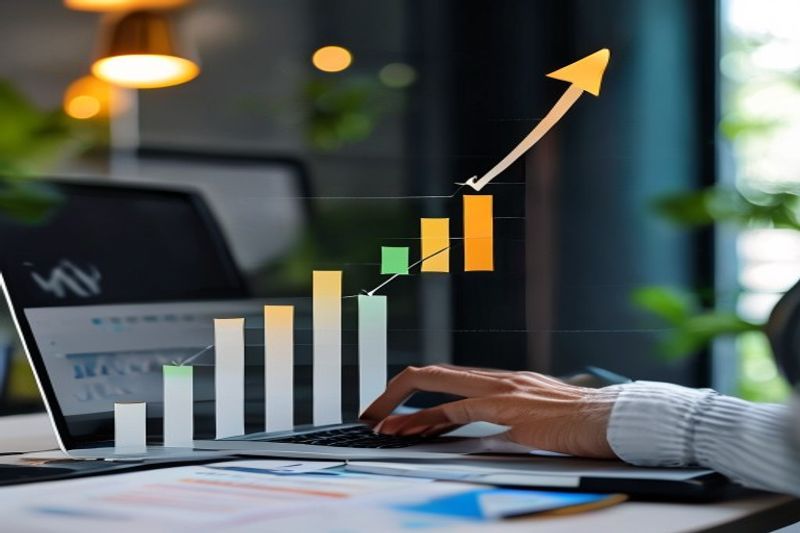 Escritor independiente que amplía su negocio con una tabla de crecimiento de ingresos en una computadora portátil en la oficina en casa