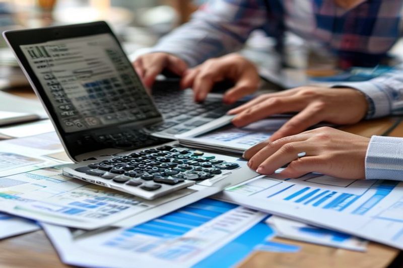 Escritor independiente calculando impuestos y gastos comerciales en una computadora portátil con documentos financieros