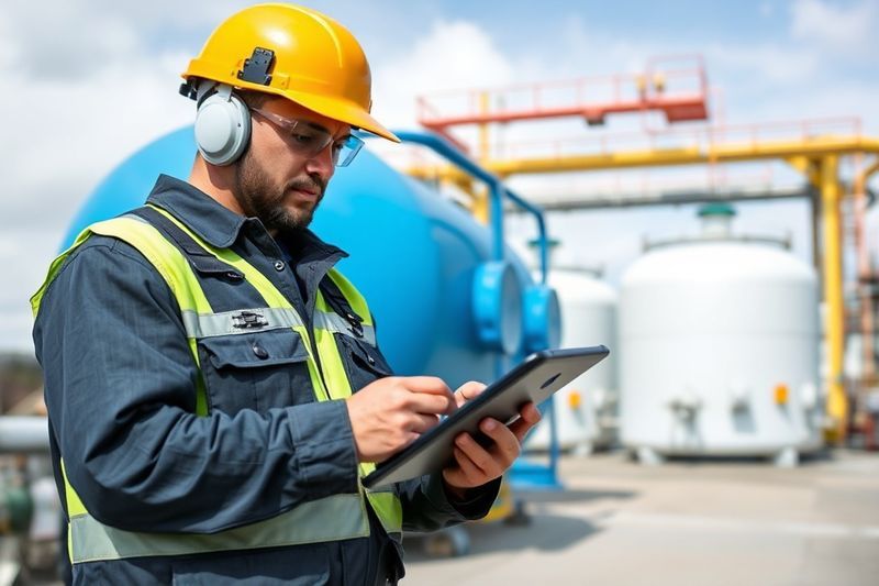 Frontline worker utilizing a rugged digital tablet in a high-tech industrial environment for effective communication
