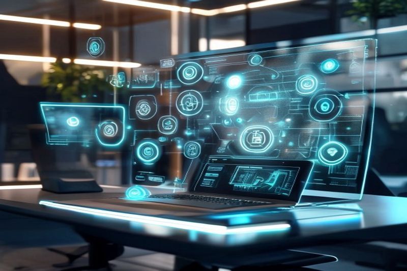 A professional workspace in 2026 featuring holographic icons of the best AI tools