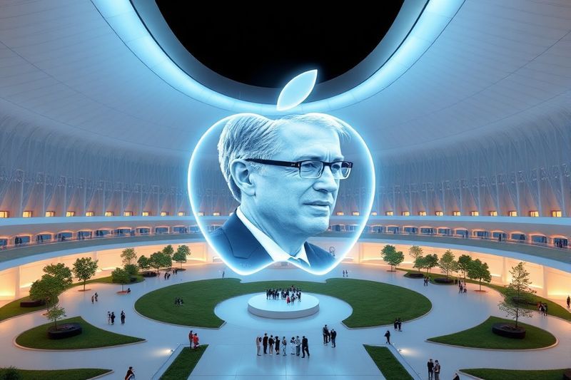 Apple Park 的全息显示屏展示了从蒂姆·库克 (Tim Cook) 到约翰·特努斯 (John Ternus) 的转变