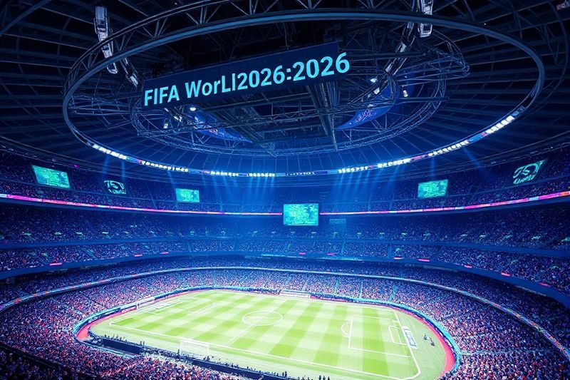 Futuristic 2026 World Cup stadium with digital prediction market data and blockchain visualizations