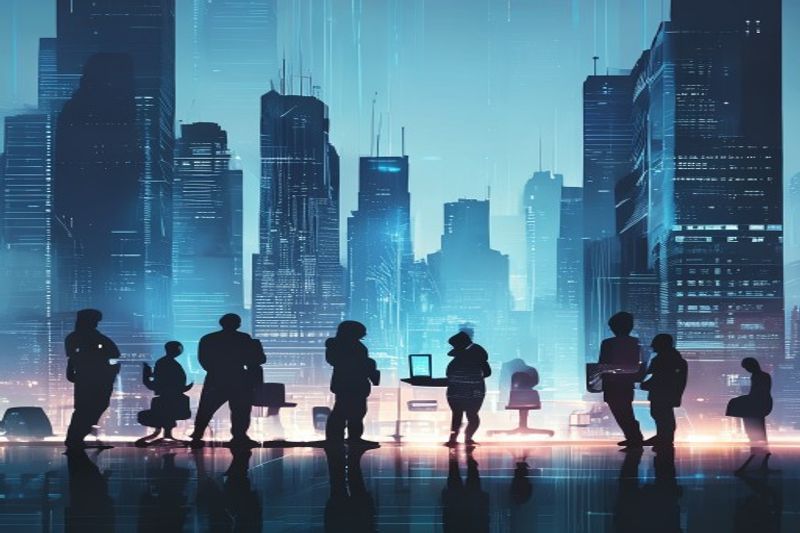 Футуристический городской пейзаж, символизирующий переход к индивидуальной удаленной работе с использованием искусственного интеллекта