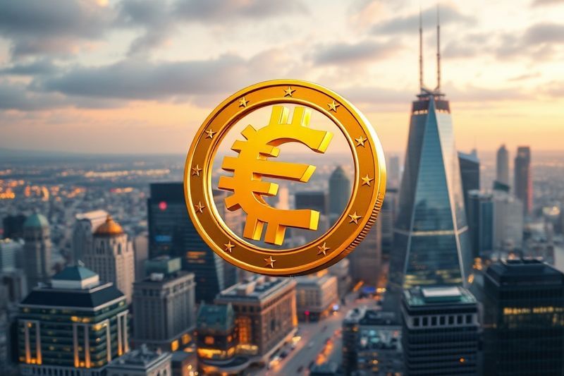 A futuristic digital Euro coin representing Qivalis stablecoin over a 2026 European banking district