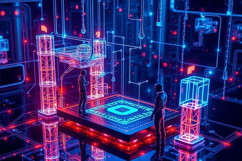 Futuristic holographic interface showing AI agents building digital applications in 2026