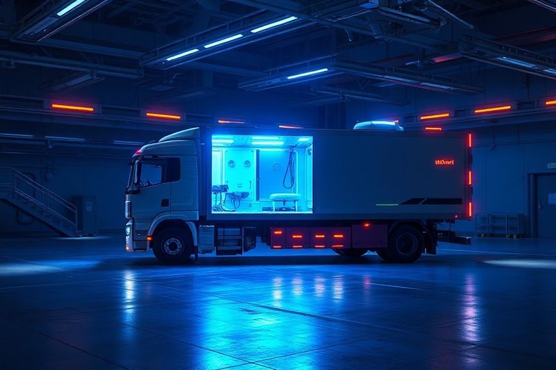 青い輝きを放つ夜の輸送トラック上の未来的な実験室反物質封じ込めユニット