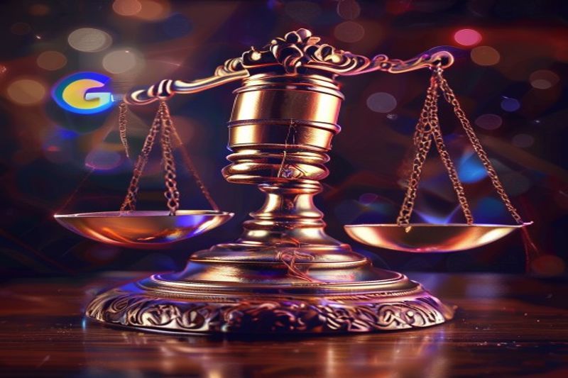 正义的天平与谷歌标志代表反垄断问题和搜索信任