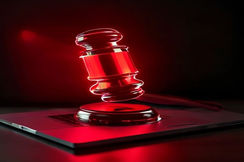 Юридический молоток и цифровые предупреждающие сигналы о соблюдении этических норм ИИ