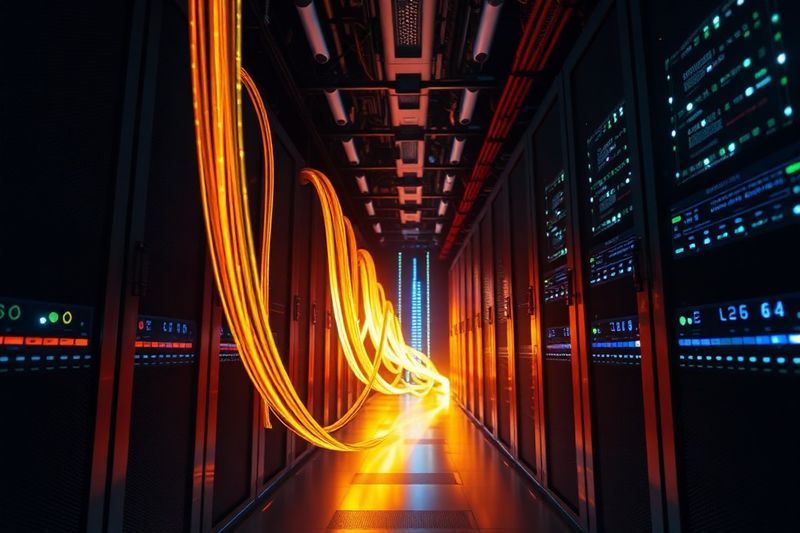 Cables de fibra óptica brillantes que transmiten activamente flujos de datos masivos a través de una sala de servidores oscura