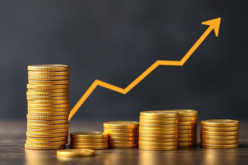 Monedas de oro apiladas junto a un gráfico financiero de ROI de costo por clic digital