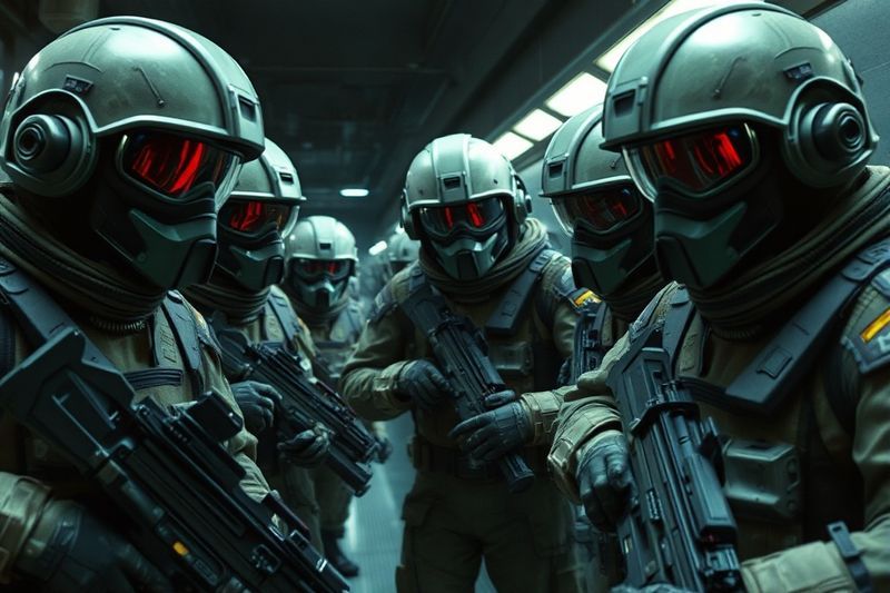 心理的ストレスの兆候を示す SF 鎧を着たエシュロン IV 兵士の集団