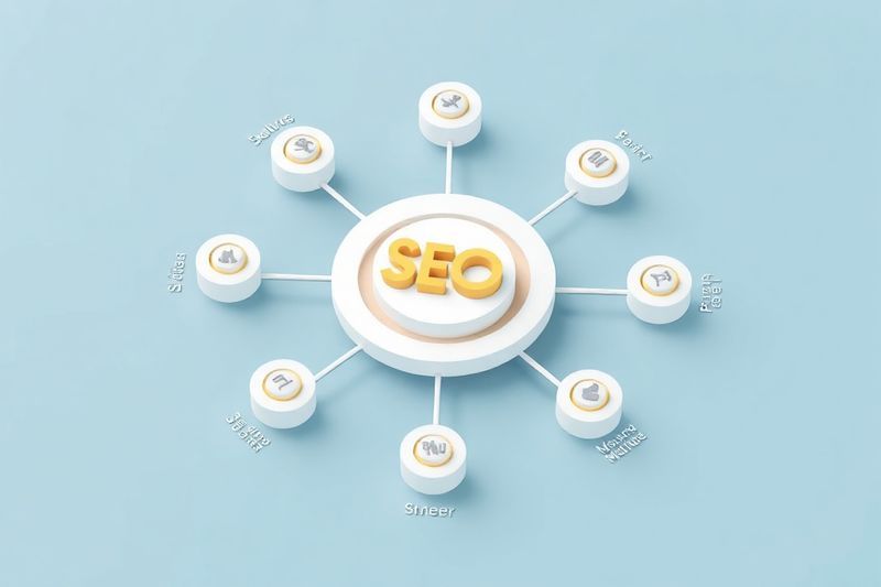 Diagrama abstracto 3D de la arquitectura SEO Hub and Spoke