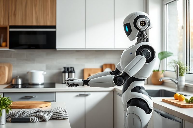 現代のハイテクキッチンで掃除を支援する洗練された人型ロボット