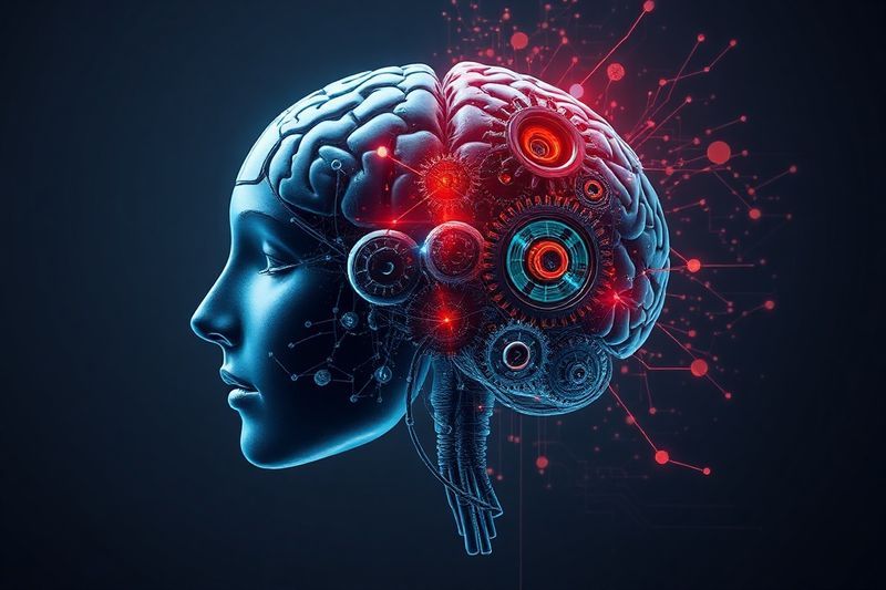 混合人工智能大脑，一半由金色齿轮组成，另一半由发光的纸页组成