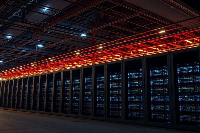 Instalación de centro de datos independiente iluminada brillantemente por la noche, lo que representa lucrativas inversiones en colocación