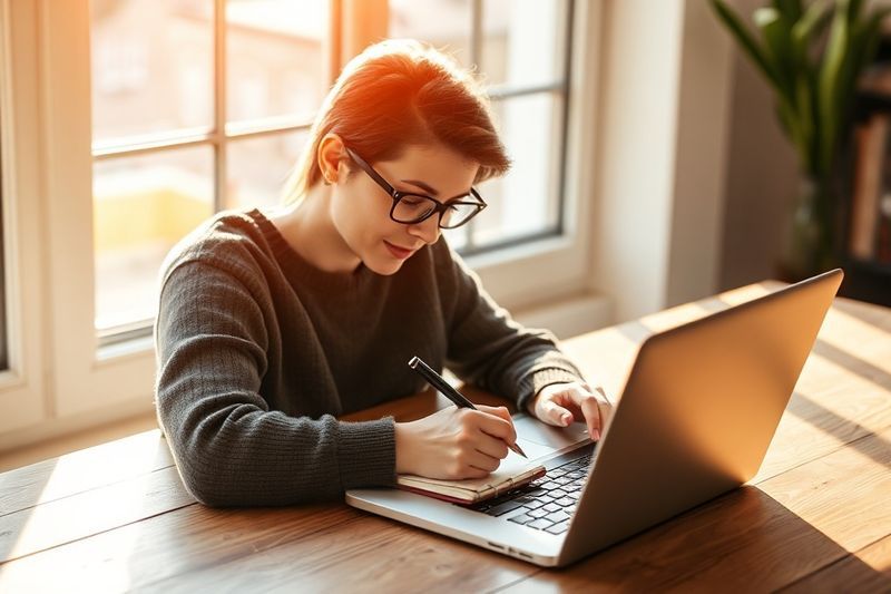 Blogger escribiendo contenido inspirador en una computadora portátil con luz solar natural