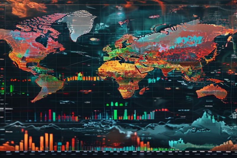 金融交易仪表板上显示原油图表和中东冲突地区，伊朗战争油价飙升