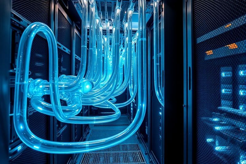 Tubos de refrigeración líquida avanzados que fluyen activamente a través de bastidores de servidores muy densos, lo que demuestra la ingeniería termodinámica moderna.