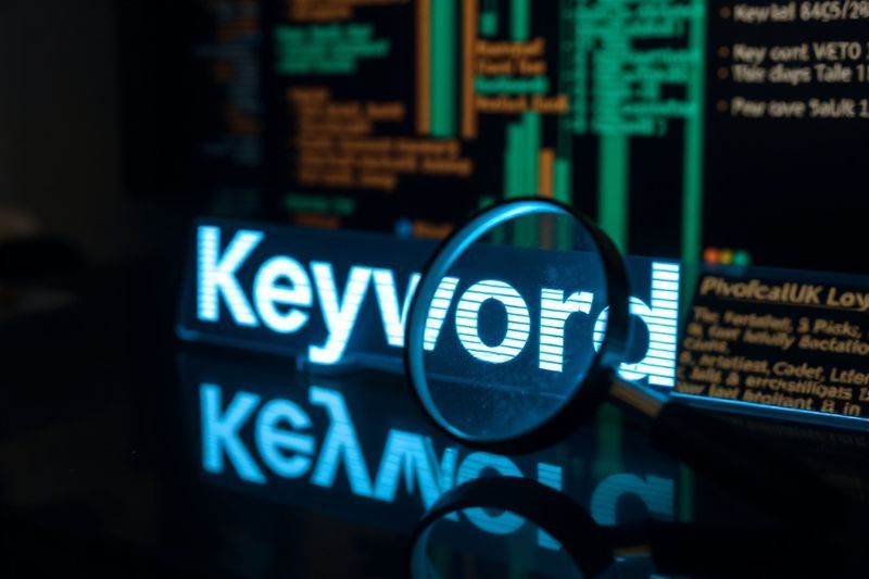 Lupa que inspecciona brillantes métricas de palabras clave digitales para la optimización de motores de búsqueda