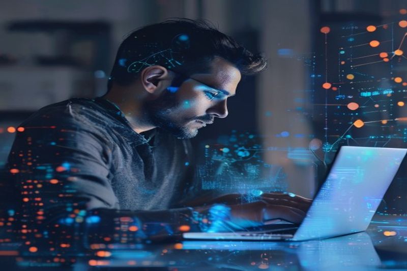 Professional student reviewing Google AI Essentials course takeaways on a modern laptop display