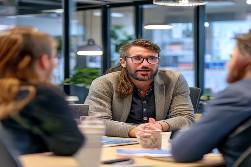 Лидер активно слушает члена команды во время разговора один на один на рабочем месте