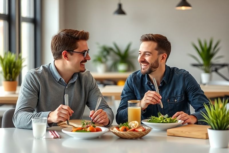 Un gerente y un empleado comparten el almuerzo y sonríen, representando la pertenencia al lugar de trabajo.