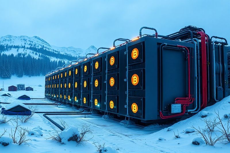 カナダ、アルバータ州ドラムヘラーにある大規模なビットコイン マイニング ファームには、高効率 ASIC が並んでいます