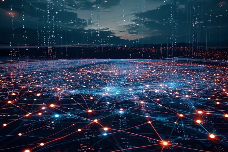 Visualización de lago de datos no estructurados que muestra nodos de inteligencia financiera conectados para análisis de IA