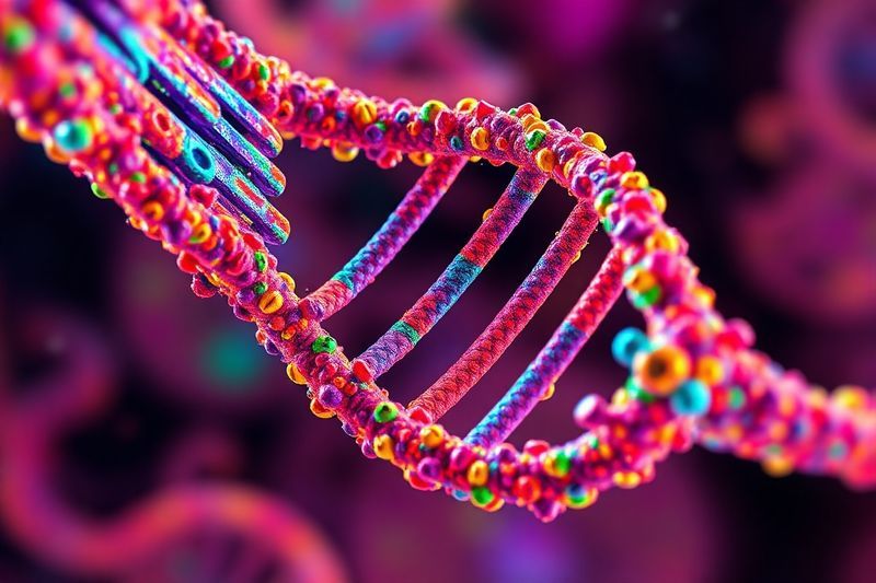 明るい科学的な色で光るナノボットによって修復されている DNA らせんの顕微鏡写真