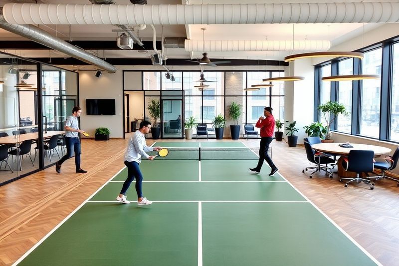 屋内ピックルボール コートなどの型破りな設備を備えたモダンなコラボレーション オフィス スペース