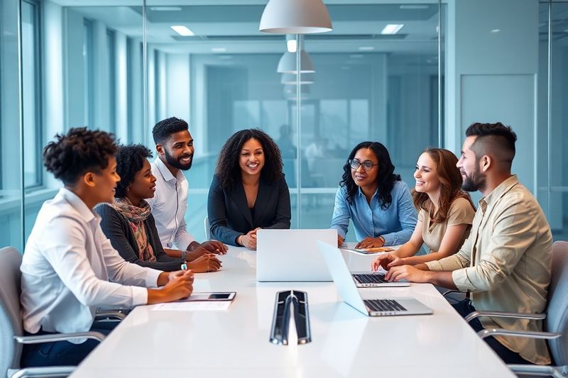 Diverse leadership team collaborating in a futuristic office environment representing The Great Transformation