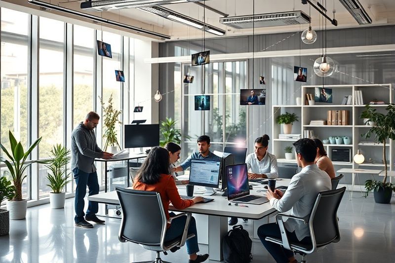 遠隔地の従業員と対面の従業員間のデジタル接続を示すハイテク ハイブリッド オフィス環境 2026