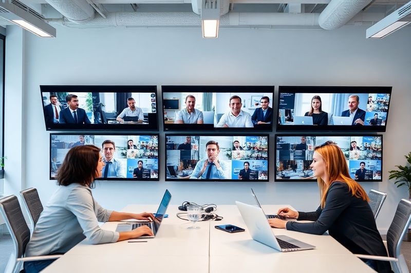 Diverse professionals in a modern hybrid office using high-tech collaboration tools for remote work policy execution