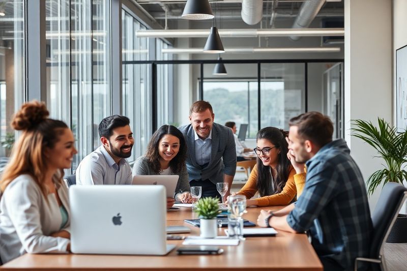 Diverse team collaborating in a high-tech modern office space illustrating improved company culture