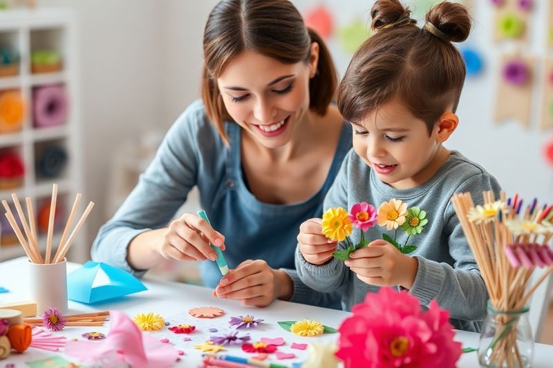 Madre e hijo participando en manualidades del Día de la Madre