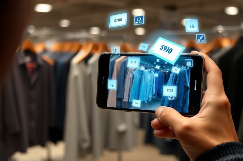 Consumidor que utiliza la lente de un teléfono inteligente para realizar búsquedas múltiples de prendas de vestir con etiquetas de precios aumentadas