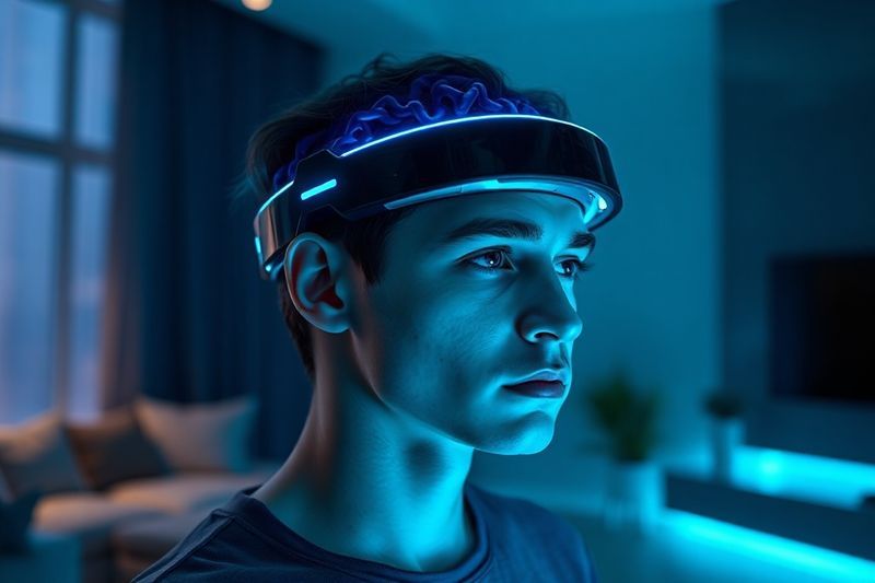 モダンなアパートで洗練されたシアン色のニューラルヘッドバンドを着けている人