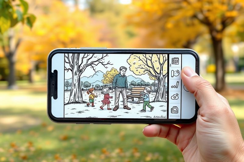 Pantalla de teléfono móvil que muestra una tira cómica personalizada generada por IA de una familia jugando junta en un parque.