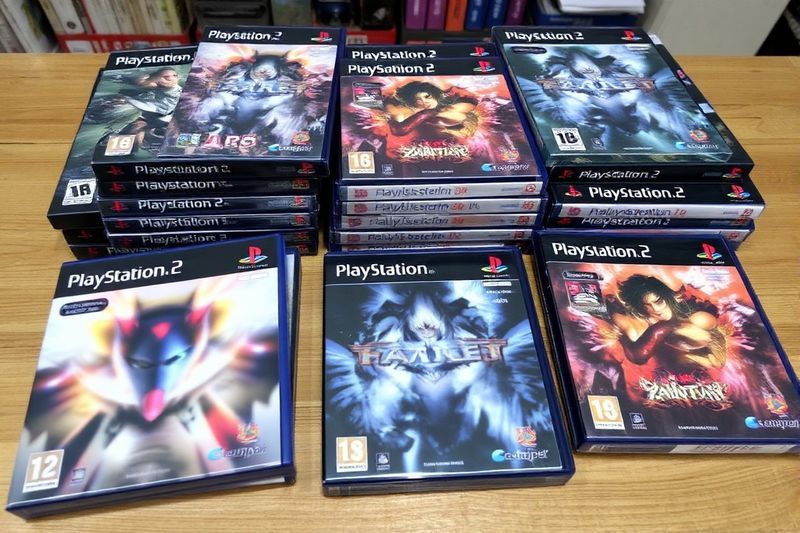 Reproduction PS2 games from AliExpress showing blurry cover art and cheap plastic cases 2026