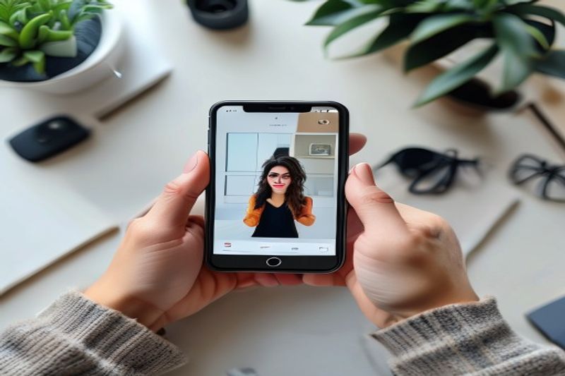 プロのワークスペースでブロガーに最適な Instagram ハッシュタグを備えたスマートフォンを使用しているブロガー