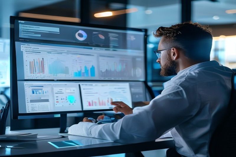 A professional SEO expert analyzing colorful search data on a modern high-tech holographic display