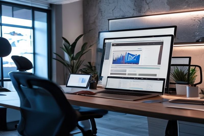 Portátil profesional que muestra los mejores complementos de WordPress para bloggers en un escritorio blanco y limpio