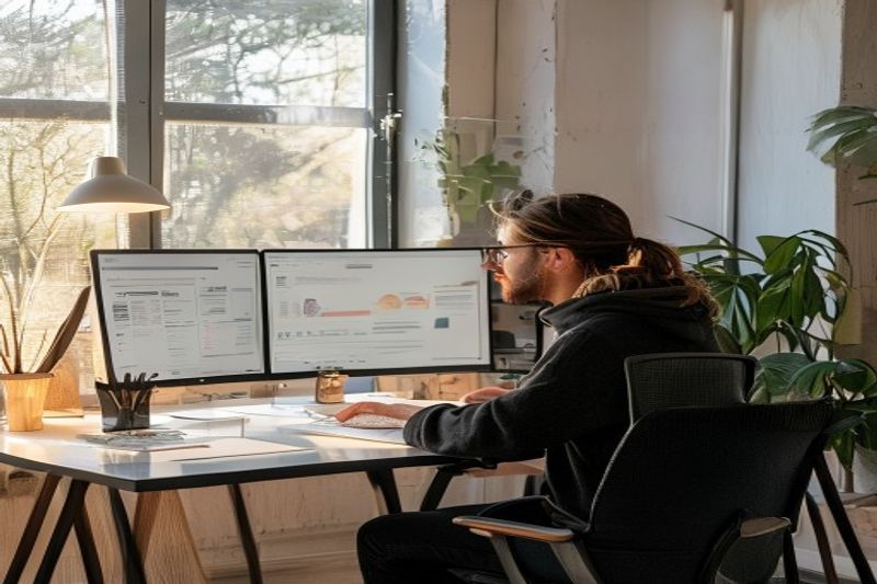 Professional content creator analyzing data to find blog post ideas on a modern desk