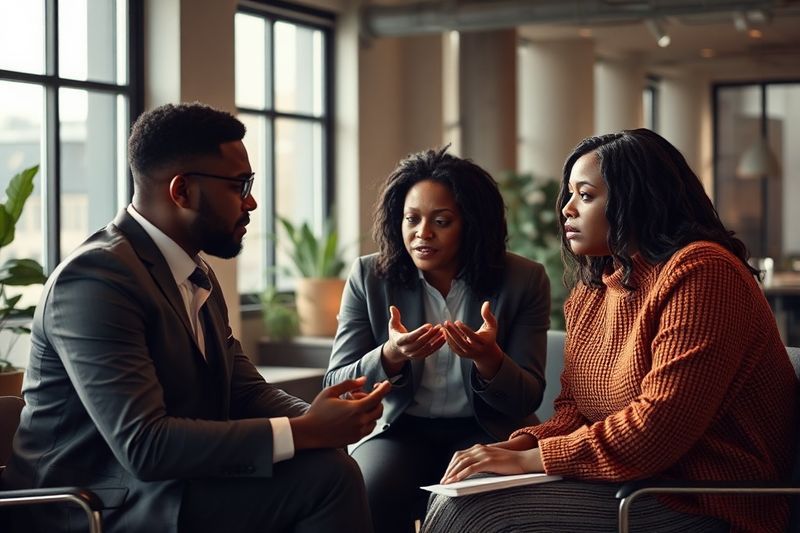 A diverse professional team engaging in deep conversation in a warm office setting 2026