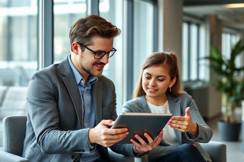 明るいモダンなオフィスで従業員に AI ツールの使用方法を共感を持って指導するマネージャー