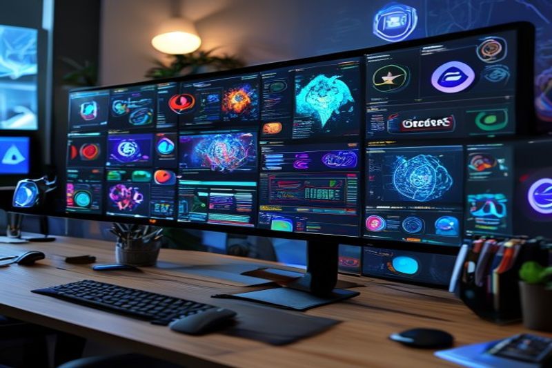 Профессиональная рабочая станция с различными логотипами программного обеспечения искусственного интеллекта для индивидуального бизнеса