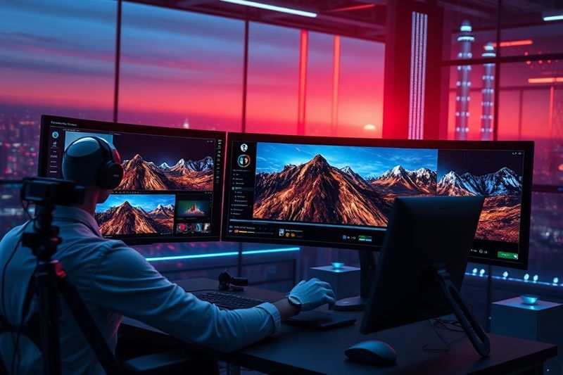 A professional content creator using high-end free AI video generators in a modern studio