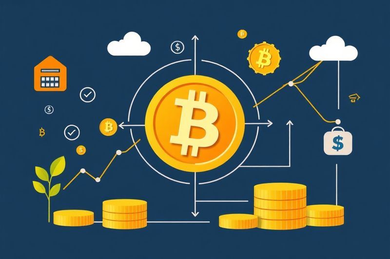 Gráficos de planificación de jubilación con iconos de Bitcoin y fondos de pensiones